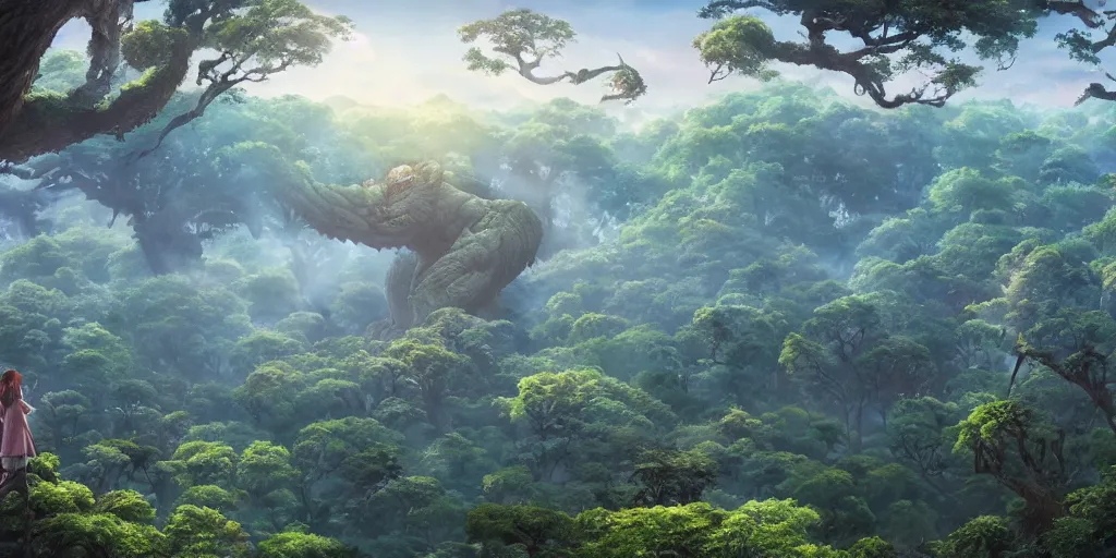 Image similar to giant monster rising from a forest. view from tree tops, 4 k, artgerm, high detail, dramatic lighting, sunset, hayao miyazaki, masashi ando, nizou yamamoto, kazuo oga, joe hisaishi, yoji takeshige, naoya tanaka