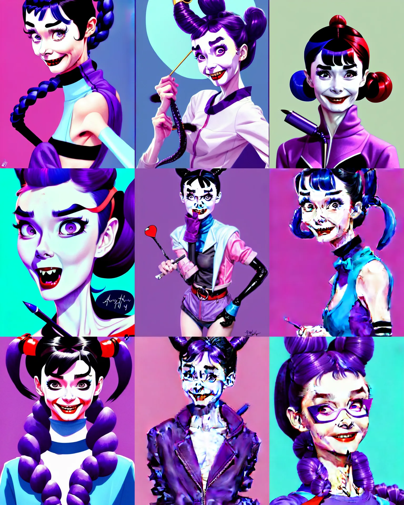 Prompt: audrey hepburn as crazy laughting harley quinn, two long braids blue, no makeup, purple jacket, portrait shinkai makoto studio ghibli studio key hideaki anno sakimichan stanley artgerm lau rossdraws james jean marc simonetti elegant highly detailed digital painting artstation pixiv