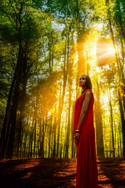 Prompt: hyperrealistic mithra as a woman standing in a forest sun behind him concept art eric zener elson peter cinematic side soft yellow light low angle hd 8k sharp shallow depth of field