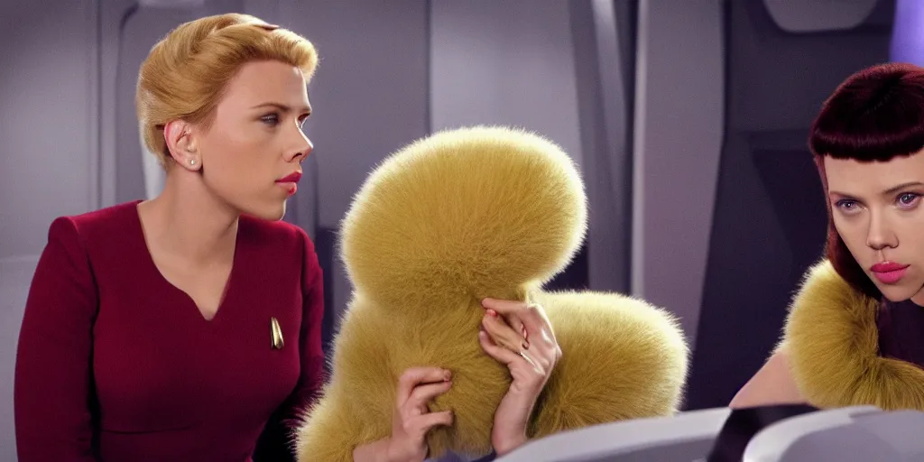 Image similar to Scarlett Johansson and Tribbles in a scene from Star Trek