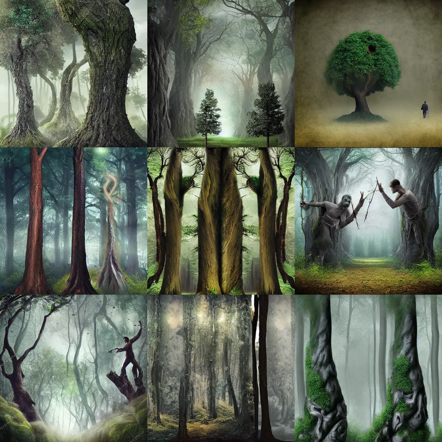 Prompt: men morphing into trees, matte painting, fantasy