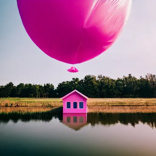 Image similar to a 5 0 mm lens photograph of a cute pink floating modern house, floating in the air between clouds, inspired by the movie up, held up from above by heart ballons. mist, playful composition canon, nikon, award winning, photo of the year