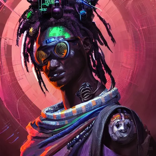 Prompt: a menacing cyberpunk voodoo haitian shaman, Apex Legends character digital illustration portrait design, by android jones, detailed, cinematic lighting, wide angle action dynamic portrait