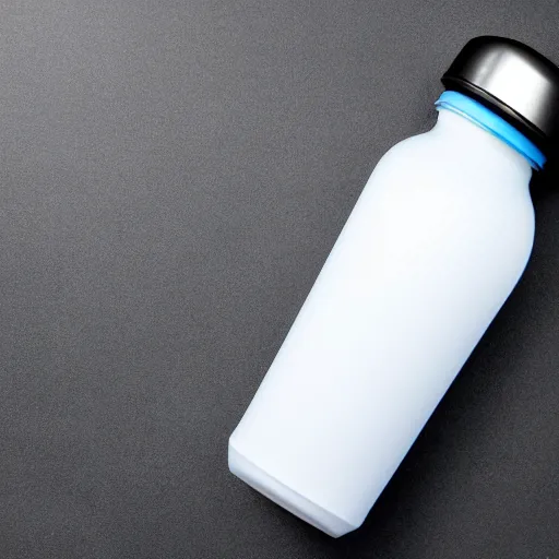 Image similar to A transparent 500ml water bottle filled with water up to half the total volume. It has a metal lid. It has a metal cap on the bottom part. It has a small carrier strap on top. White background. Product picture.