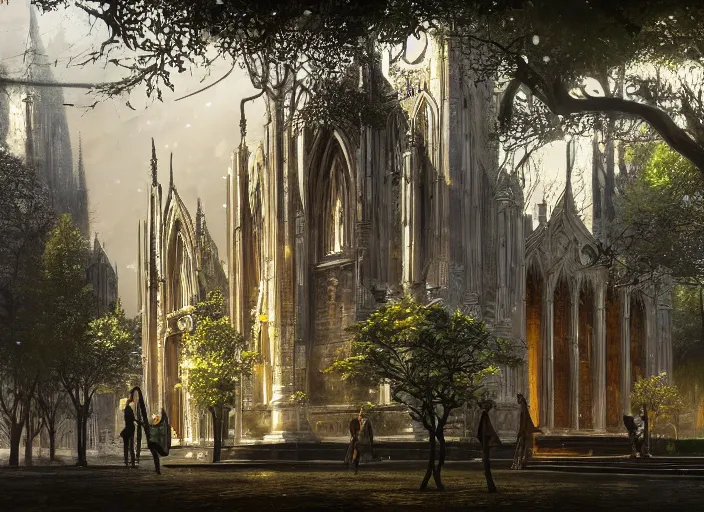 Image similar to A temple church in a beautiful elven city made of black and gold marble, anime, lush trees, fountain, a fantasy digital painting by Greg Rutkowski and James Gurney, trending on Artstation, highly detailed