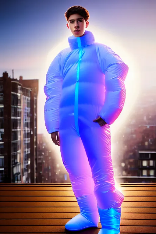 Image similar to un ultra high definition studio quality photographic art portrait of a young man standing on the rooftop of a british apartment building wearing soft inflatable padded iridescent refractive clothing. three point light. extremely detailed. golden ratio, ray tracing, volumetric light, shallow depth of field. set dressed.