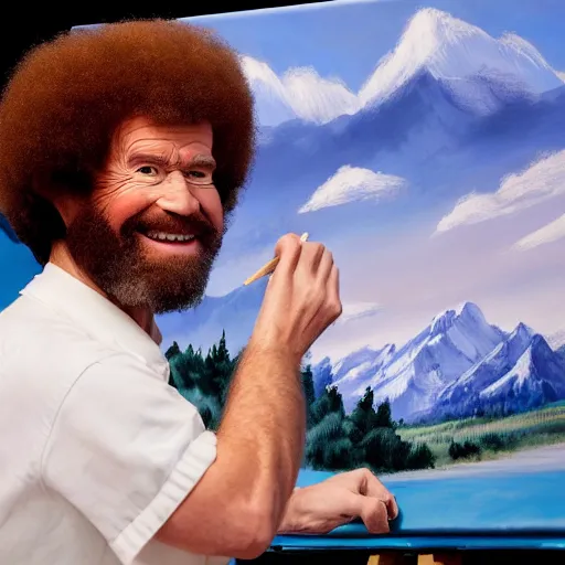 Prompt: a closeup photorealistic photograph of bob ross working on a canvas painting of elmo. film still. brightly lit scene. mountains and trees. this 4 k hd image is trending on artstation, featured on behance, well - rendered, extra crisp, features intricate detail, epic composition and the style of unreal engine.