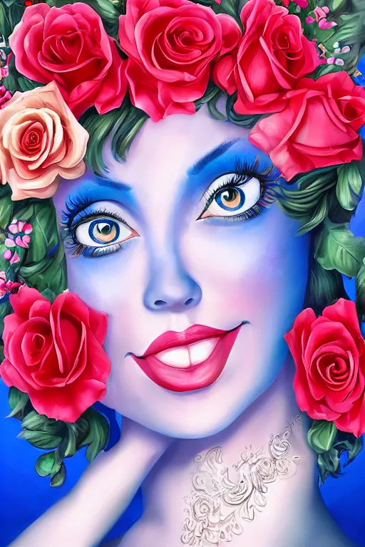 Image similar to beautiful digital painting of I Love Lucy and blue roses and rubies, by Georgia O\'Keeffe, Carmelo Blandino, Cyril Rolando, artstation, Behance, 4K,