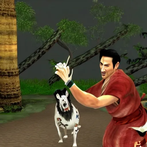 Prompt: Screenshot of the Markiplier character in the Playstation 2 game Okami. HDR, 4k, 8k, Okami being petted by Markiplier, who is looking at the camera.