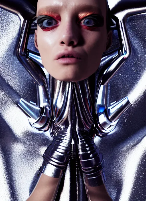 Prompt: The concept of an outfit, a resident of an alien metropolis, unusual fashion, bio, eco, fashion, Vogue, photo for a magazine, photo for a store, fashion photography, 135 mm, cinematic, hyper realism, high detail, octane render, 8k, chrome accents, very coherent symmetrical artwork, perfect face model, full length photo, Upper and lower body