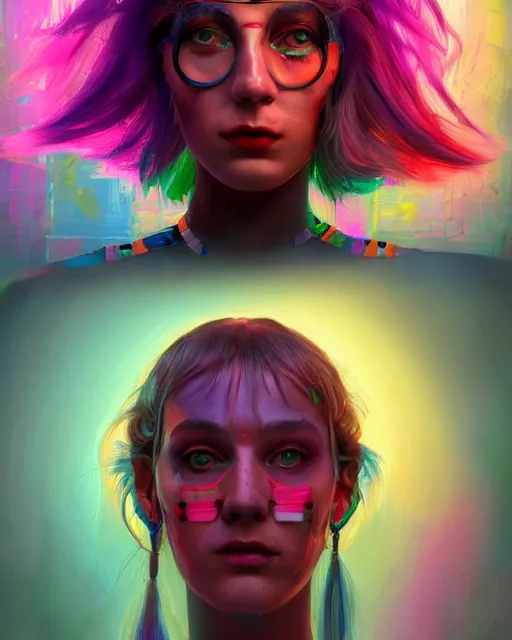 Prompt: colorful character portrait of a non - binary hippie, set in the future 2 1 5 0 | highly detailed face | very intricate | symmetrical | cinematic lighting | award - winning | painted by mandy jurgens | pan futurism, dystopian, bold colors, cyberpunk, groovy vibe, anime aesthestic | featured on artstation