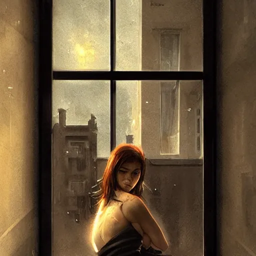 Image similar to window, eye, women, buildings, scared, by wlop, artgerm, greg rutkowski