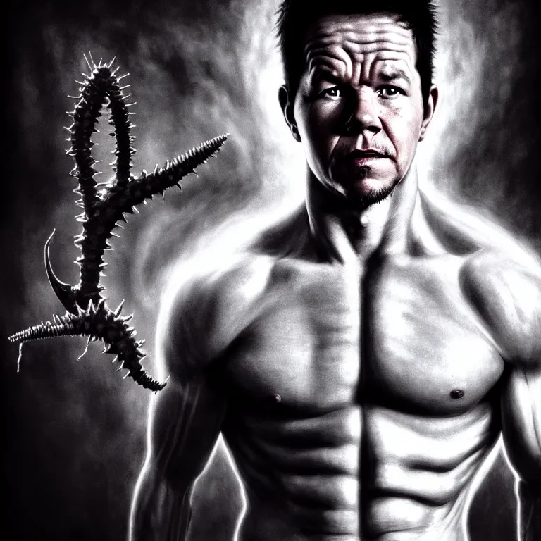 Image similar to portrait of mark wahlberg covered with ribs white mechanical spines white muscle tissue ribbed spiky horns, lucid dream - like heavy atmosphere, baroque painting, harsh flash photo, perfect composition, detailed octane render trending on artstation, 8 k artistic photography, volumetric cinematic perfect light, chiaroscuro, masterpiece, raphael, caravaggio, beksinski, rutkowsk