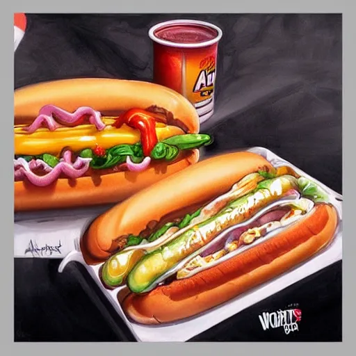 Image similar to hot dogs and yogurt is a messy meal, wlop, artgerm, mucha