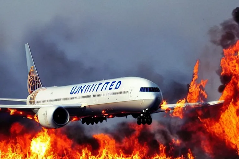 Image similar to “United Airlines boeing 777 landing in hell, surrounded by fire”