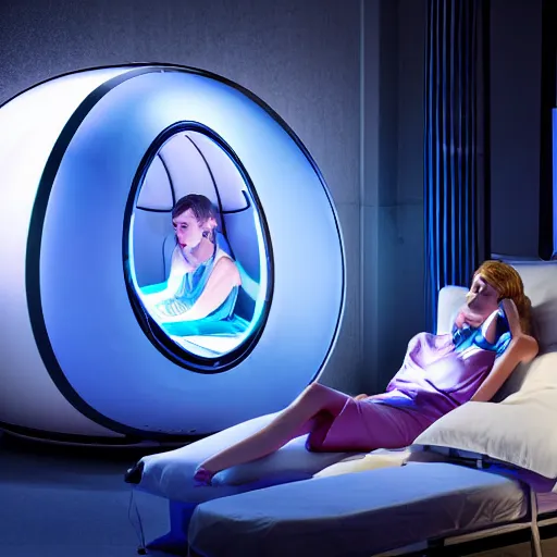 Prompt: sc - fi sleep pod, young woman, cyber dreaming