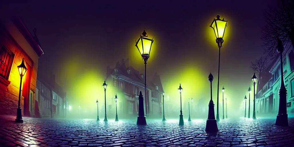 Image similar to curved perspective, extreme narrow, extreme fisheye, digital art of a night foggy street with victorian street lamps over cobblestone floor by anton fadeev from nightmare before christmas