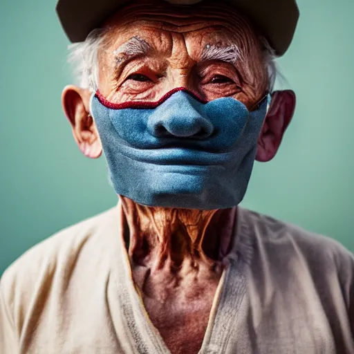 Prompt: an elderly man wearing a mask made from a doughnut, bold natural colors, national geographic photography, masterpiece, 8 k, raw, unedited, symmetrical balance