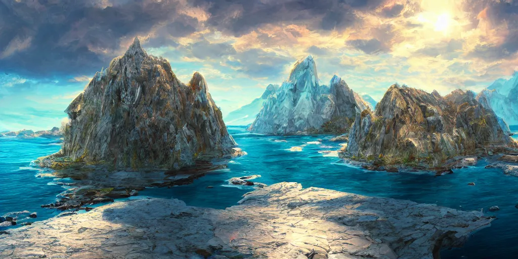 Prompt: salt covered islands surrounded by steep quartz cliffs, illustration, bright sunlight, sun glints, sunrays, digital art, oil painting, fantasy, 8 k, trending on artstation, detailed