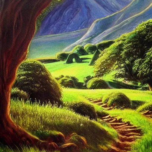 Image similar to the shire from the lord of the rings, by david mann, painting, beautiful