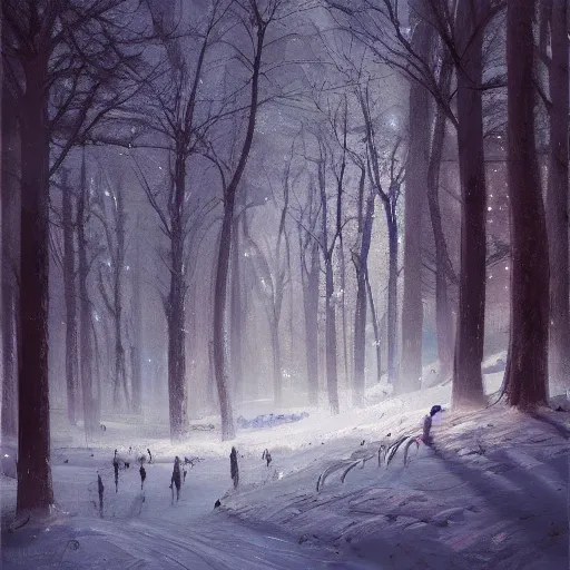 Prompt: a beautiful medieval painting of a forest in the snow at night. lot of neons. trending on artstation. a beautiful vr 3 d sci - fi painting by patrick rutkowski and thomas rutowski.