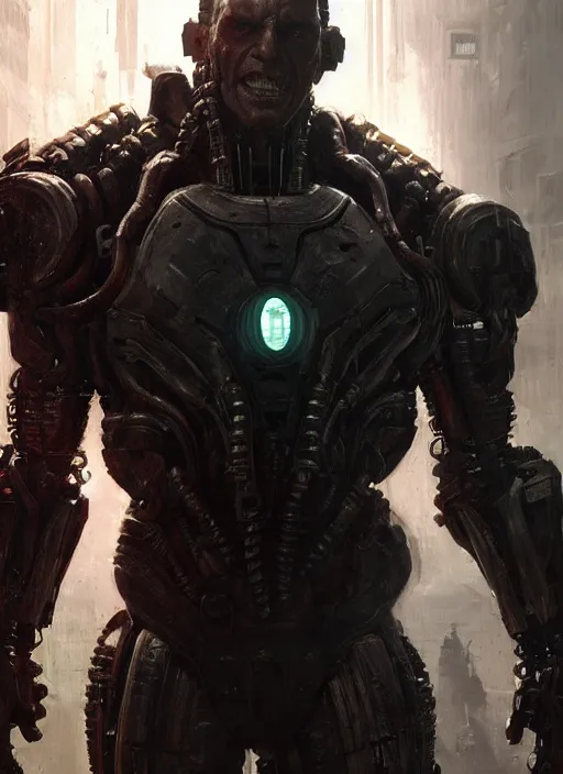 Image similar to mark sinclair as victor stone, full body concept, cyborg, borg, strogg, face of a man, terminator, flesh, quake strogg, doom demon, wolfenstein, monstrous, powerful, symmetry, symmetrical, concept art by ruan jia and greg rutkowski