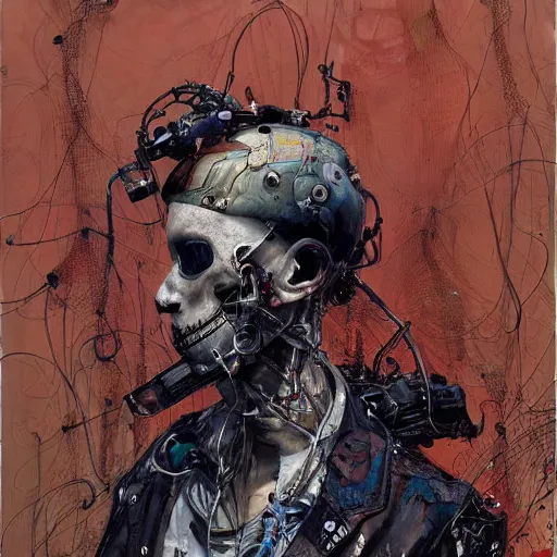 Image similar to a male cyberpunk hacker, skulls, wires cybernetic implants, machine noir dieselpunk grimcore, in the style of adrian ghenie esao andrews jenny saville surrealism dark art by james jean takato yamamoto and by ashley wood