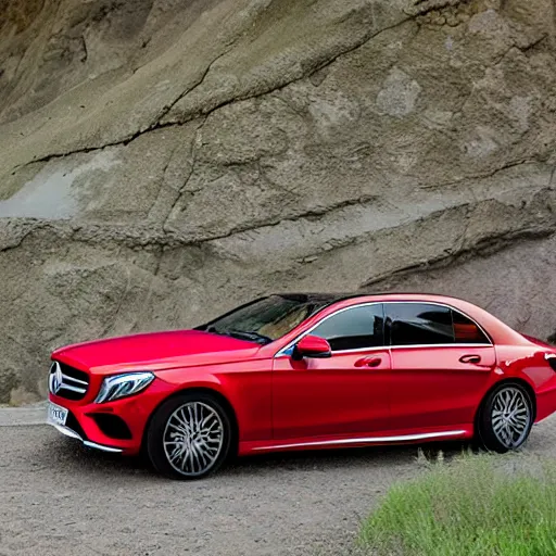 Prompt: red mercedes driving off a cliff