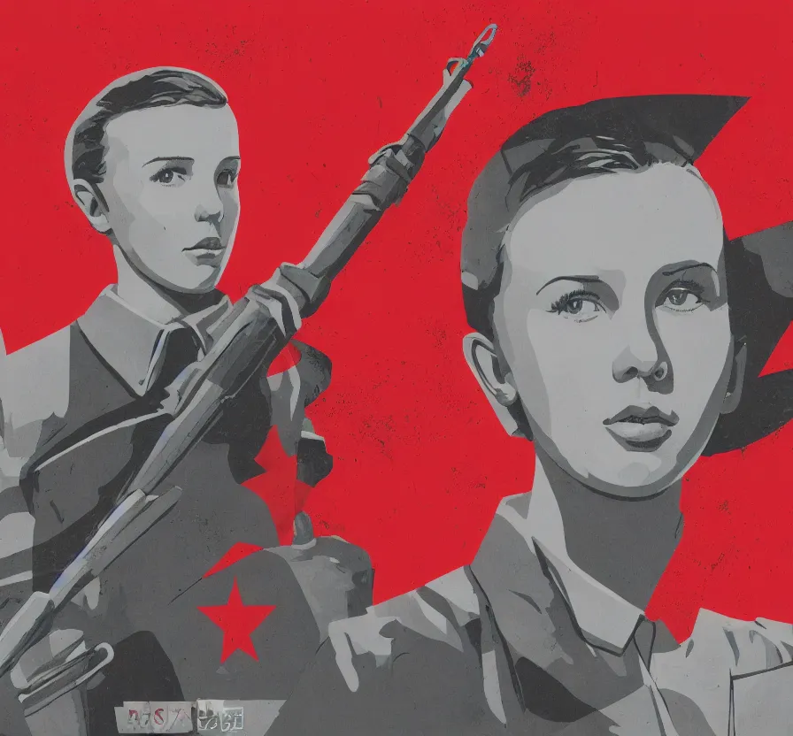 Prompt: millie bobby brown, urss flag, propaganda, poster, revolution, communist, high detail, year 1 9 4 4, russian letters, lenin, trending on artstation, illustration, film still, hammer and sickle