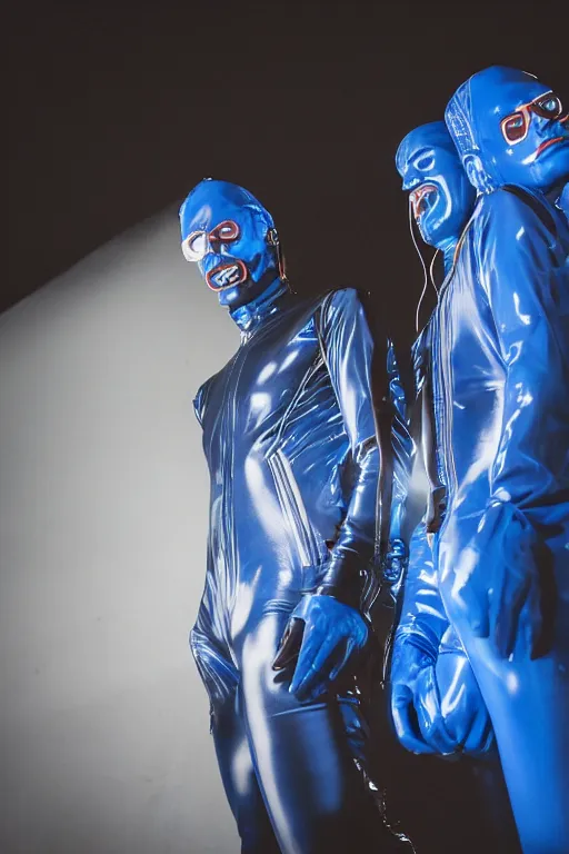 Image similar to close-up, low angle blue hour, twilight, cool, portrait Kodachrome, ISO1200, two cyberpunk model men with black eyes and visible faces wearing latex catsuit and lots of transparent and cellophane accessories