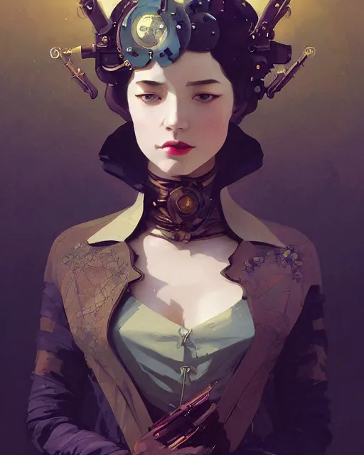 Prompt: a mysterious beautiful woman, aristocrat cloak, steam punk, mechanical parts, fantasy, digital painting by ilya kuvshinov, greg rutkowski, wlop, james jean, victo ngai, beautifully lit, muted colors, highly detailed, dynamic pose, artstation, fractal arrows, fantasy art, intricate background by craig mullins, thomas kinkade