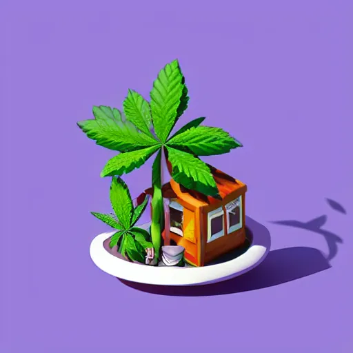 Image similar to isometric cute cartoon of utopia weed cafe decorated a few cannabis leaf pots. by benoit mandelbrot, render pixar palette, low poly digital art artstation artgerm