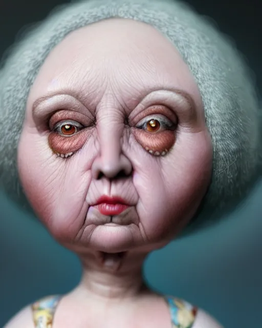 Image similar to highly detailed closeup, face profile portrait of a chubby porcelain white hair old wrinkled woman doll, hyper realistic, artstation, illustration, nicoletta ceccoli, mark ryden, lostfish, dan decarlo, bob clampett, max fleischer, digital paint, matte paint, vivid colors, detailed and intricate environment