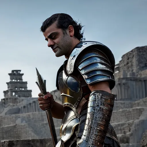 Prompt: oscar isaac in armor playing achilles, ancient city in background, ultra detailed, realistic, photography, movie poster