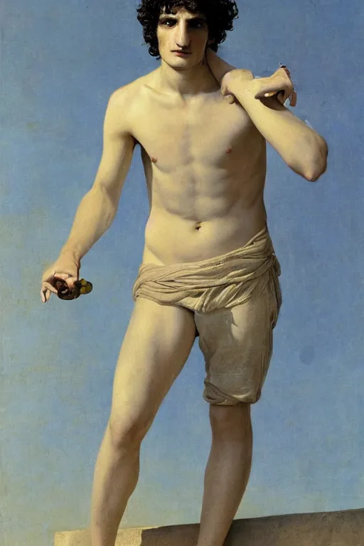 Image similar to upper body portrait of actor louis garrel as Adam in paradise, colour painting by normal rockwell, guidi prime background by carl spitzweg