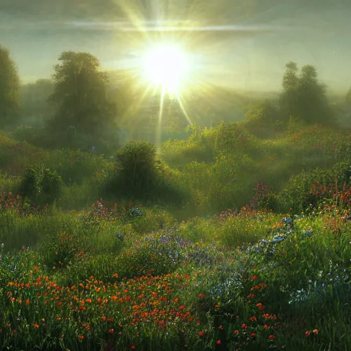 Image similar to rhythmic interval tectonic surfaces as resonant waves of harmonic organic mystical megastructure crystal lattice pyramid architectures exploding with light and god rays in a meadow full of wildflowers by albert bierstadt, by glen small, by giovanni battista piranesi, photorealistic, god rays, octane render, depth of field, volumetric light, volumetric fog, holy spirit