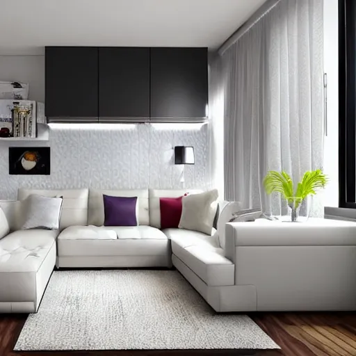 Image similar to modern living room apartment, white color scheme, concept art, bright