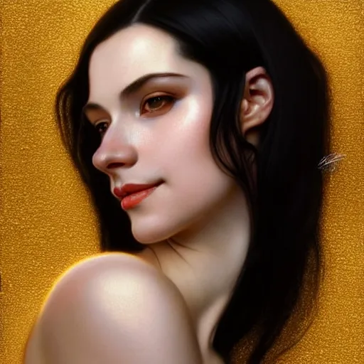 Prompt: portrait of a smiling, beautiful, pale skin eastern european female with long black hair, dark brown eyes, elegant clothing, photorealistic, highly detailed, artstation, smooth, sharp focus, gold ornaments, neon lighting, sci - fi, art by gustav klimt, artgerm, greg rutkowski and alphonse mucha