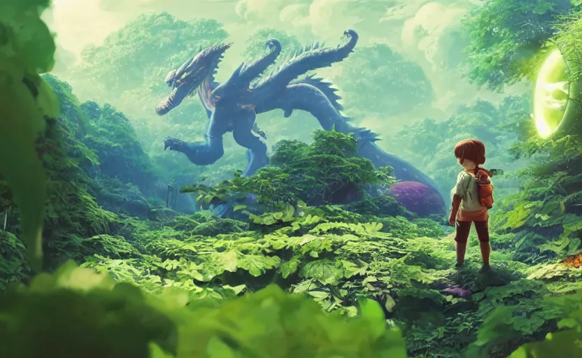 Image similar to a still of a cute adorable tiny astronaut, on a planet of lush foliage, with an enormous kaiju dragon surrounding the background, magical forest, sharp focus, neon backlit, highly detailed, disney pixar studio ghibli makoto shinkai, digital painting, matte, octane render, global illumination, iridescent, anime, 8 k concept art