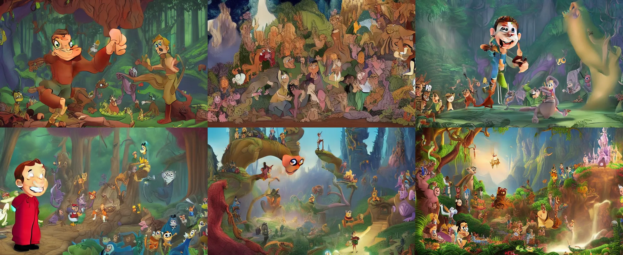 Prompt: Mark Zuckerberg is the villain from the coloured Disney animated motion picture released in 1937, beautiful enchanted forest full of critters, directed by Walt Disney, highly detailed background paintings by Thomas Kinkade