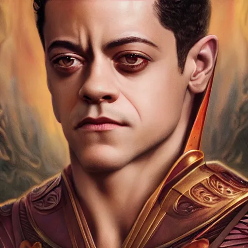 Prompt: a detailed fantasy character portrait of Rami Malek as egyptian king of arts by lauri blank, artgerm, evelyn de morgan, 8K, 50mm lens