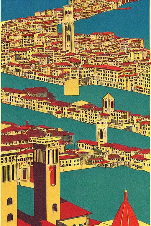 Prompt: resplendent art deco hi res print of Florence, Italy by Hasui Kawase and Lyonel Feininger