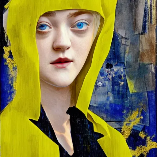 Image similar to Dakota Fanning with short blue hair wearing a yellow raincoat by Dave McKean