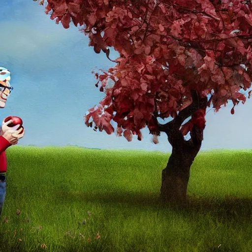 Image similar to tim cook eating an apple below an apple tree, cinematic digital art