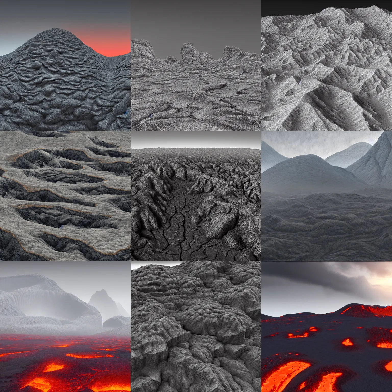 Prompt: a view of a very large mountain range of solidified lava, a detailed matte painting by Stanley Twardowicz, polycount, generative art, terragen, apocalypse landscape, matte painting, greyscale