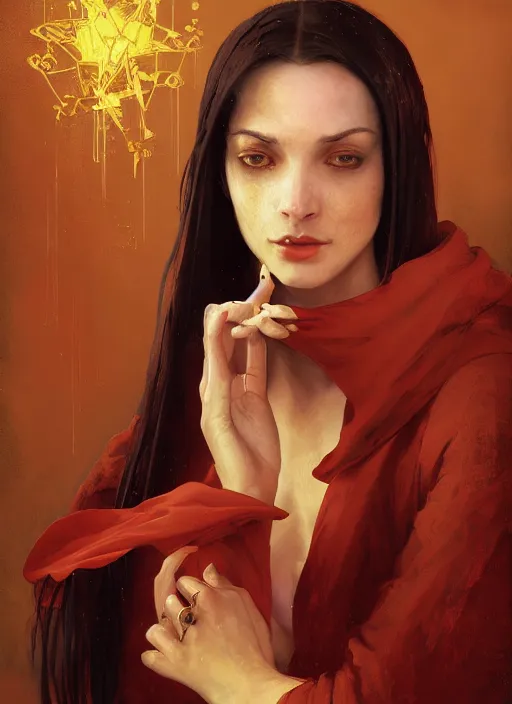 Image similar to character concept portrait of an attractive young female Spanish witch in a red and golden robe with pale skin enchanting a protection spell, a floating iridescent spell book in the center, intricate, elegant, digital painting, concept art, smooth, sharp focus, illustration, from Metal Gear, by Ruan Jia and Mandy Jurgens and William-Adolphe Bouguereau, Artgerm