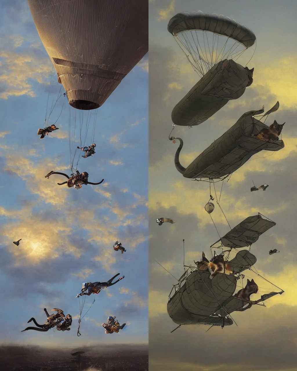 Prompt: cats skydiving from an airship at dusk parachutes are deployed, high detail