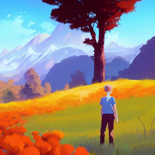 Image similar to red haired teen boy, flower fields and mountains and forest in the background, digital painting, artstation, highly detailed, by makoto shinkai and thomas kindle and James gilleard