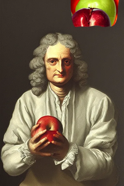 Image similar to isaac newton holding an apple, collage