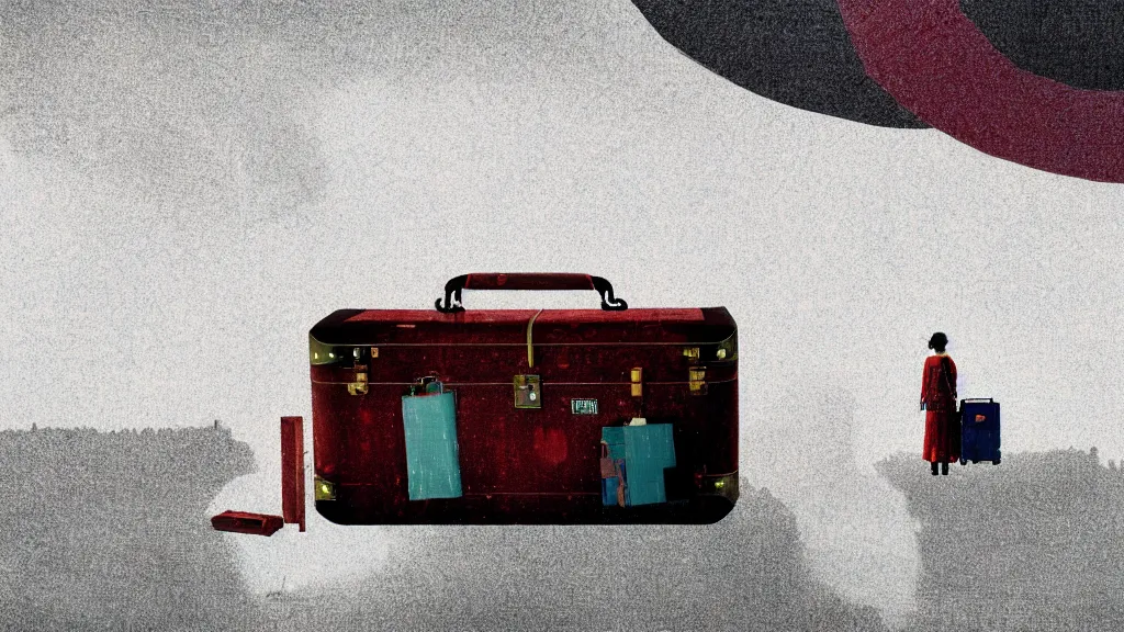 Image similar to an explorer's luggage on the train platform, rural japan, a collage painting, in the style of wes anderson, lola dupre, david hockney, isolated on negative white space background dark monochrome neon spraypaint accents volumetric octane render